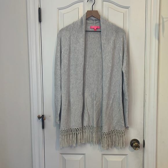 Lilly Pulitzer | Tatum Cardigan Sweater Heather Grey Metallic Fringe Tassel Med - Picture 2 of 9